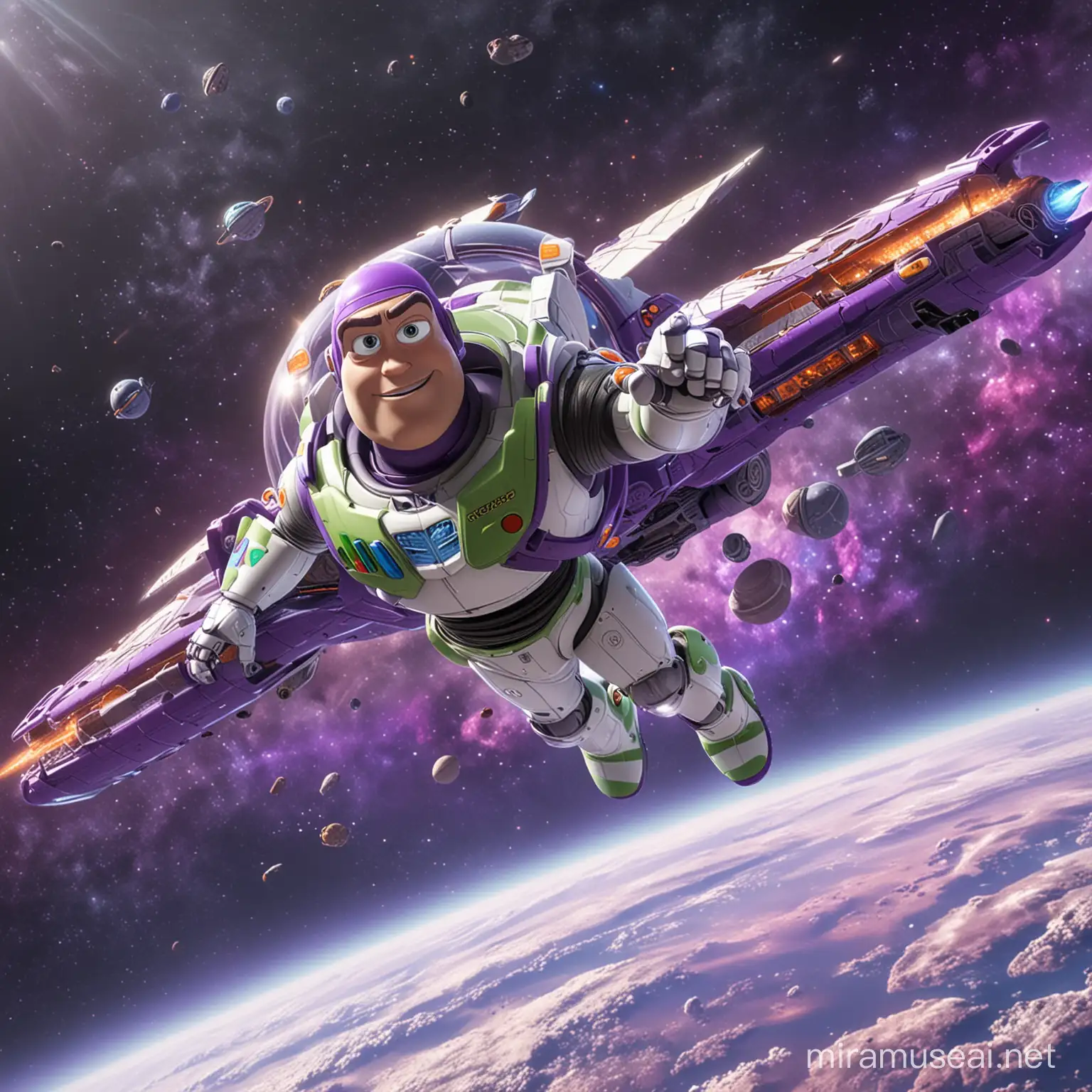 Futuristic Space Explorer Buzz Lightyear Soaring Amidst a Purple Galaxy