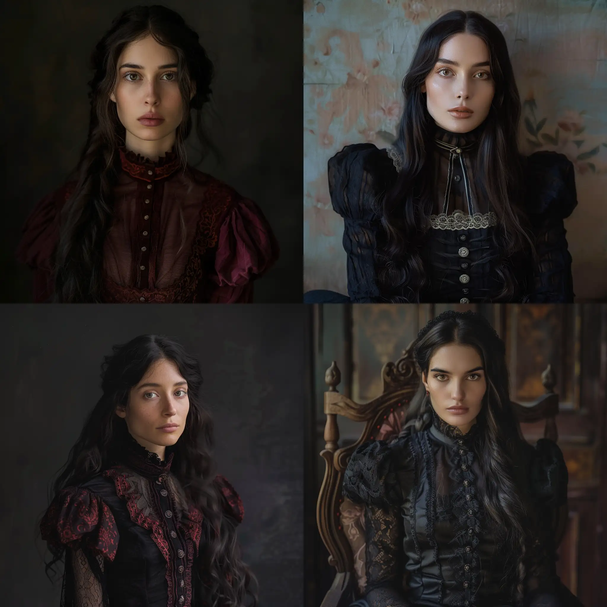 25 years old woman, long dark hair, superreal, no contrast, soft shadows, sharp focus, full body shot, dark and little winered Victorian clothes