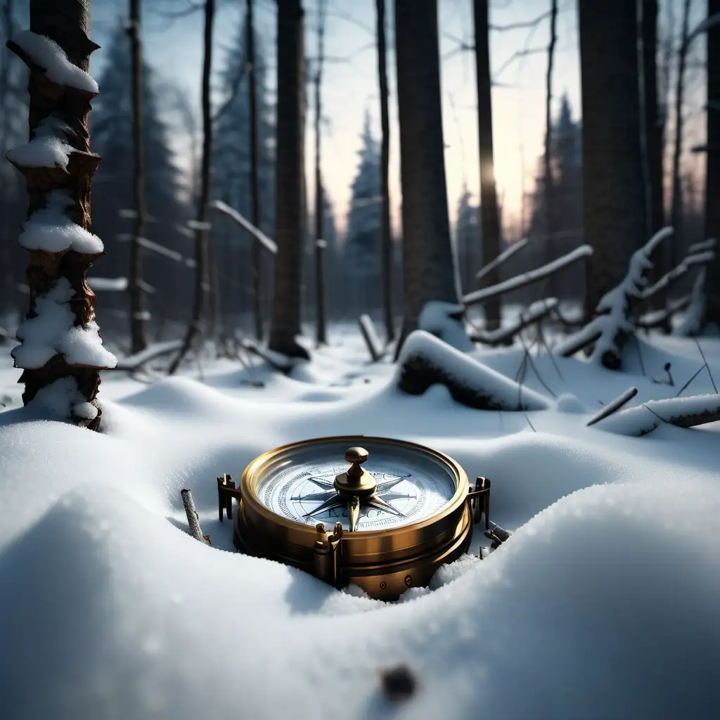 A scenic snowy forest landscape. forest floor in the front, old rusten compass laying in the snow, twilight atmosphere, 1080f resolution, ultra 4K, high definition, volumetric light