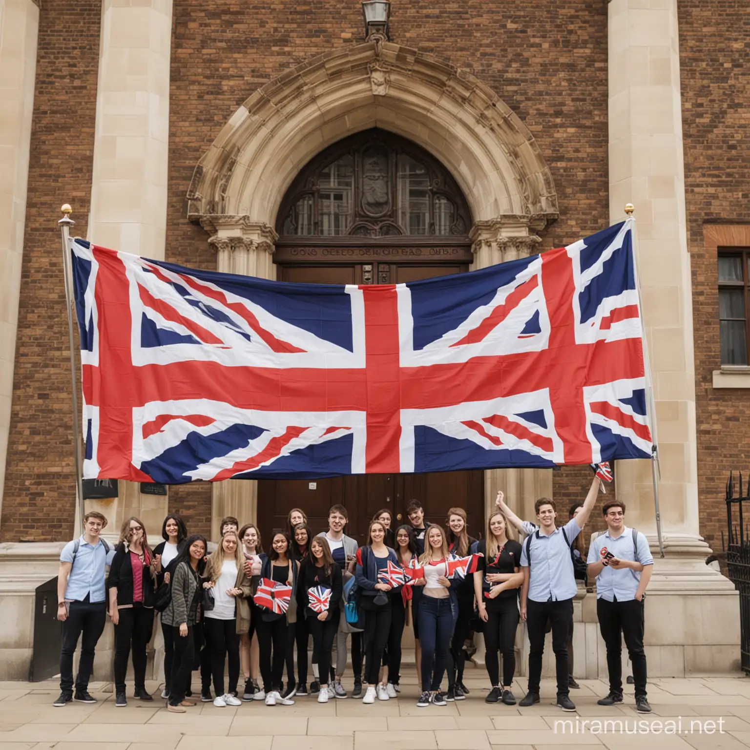 University Students Celebrating with London Flag