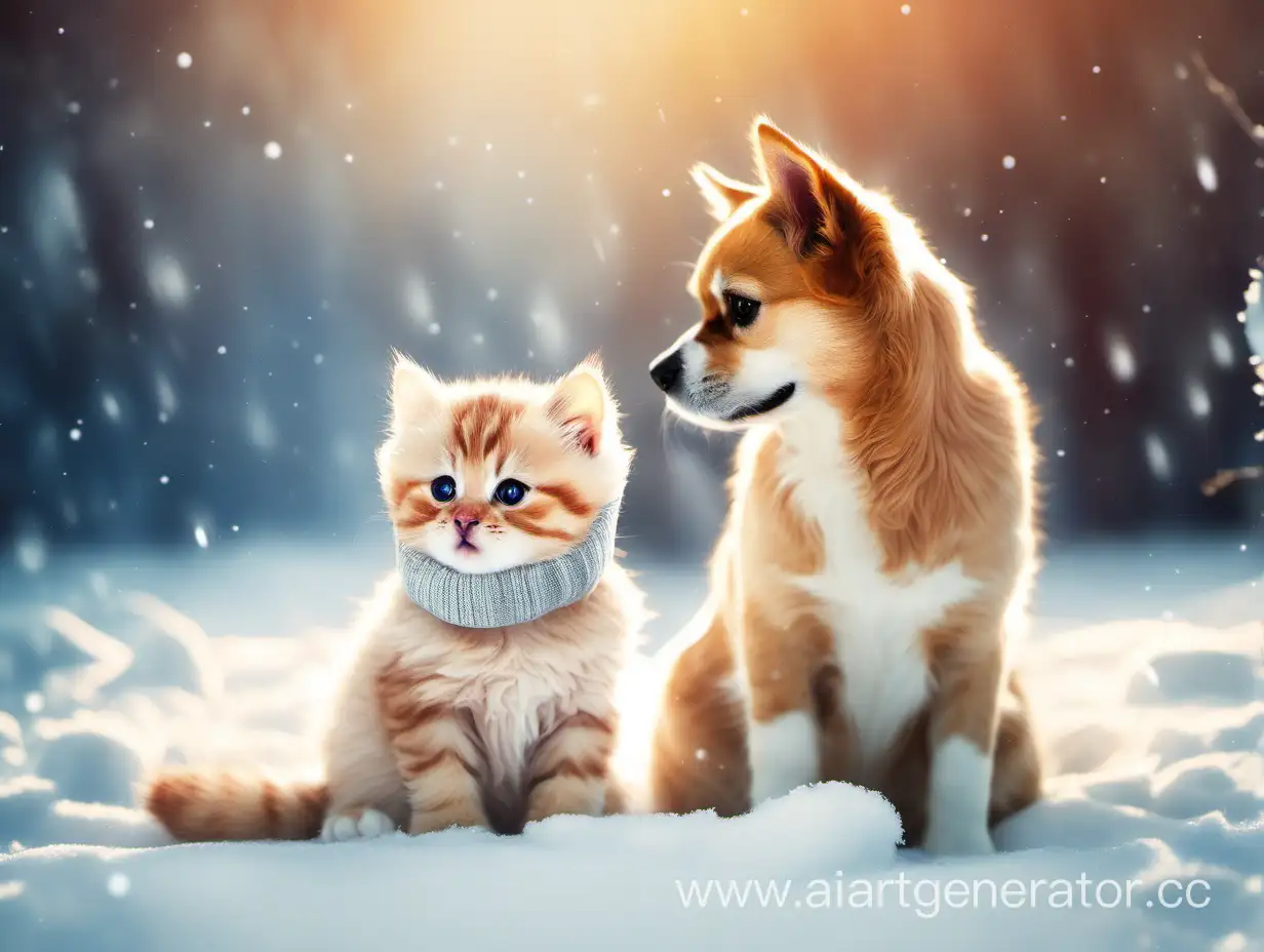 Cute cat with a dog winter