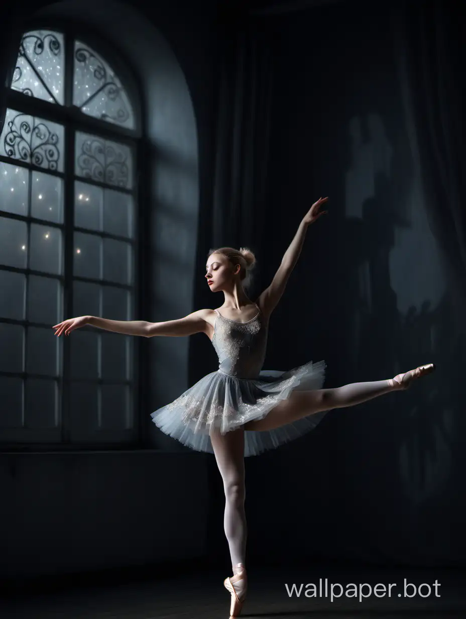 A poetic and visually captivating scene. The image shows a beautiful Russian blonde ballerina, medium-sized breasts with delicate makeup and clear eyes, wearing a gray lace dress (the dress has petal designs and a short skirt). She is dancing ballet alone in a dark room, illuminated by the moonlight streaming through a large window. The ballet slippers she wears are white, highlighting her figure and angelic face. This description transports us to a magical and romantic atmosphere, where the ballerina is in the center of the room, expressing her art and grace through dance. The combination of the darkness of the room, the moonlight, and the elegance of the ballerina creates a visually stunning and beautiful image.