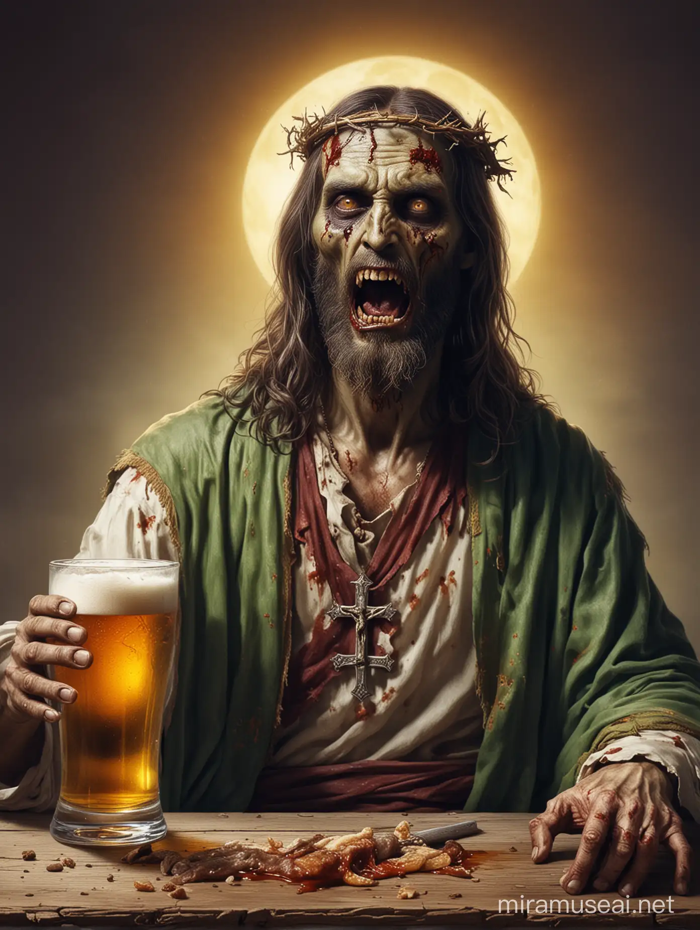 Zombie Jesus drinking a beer
