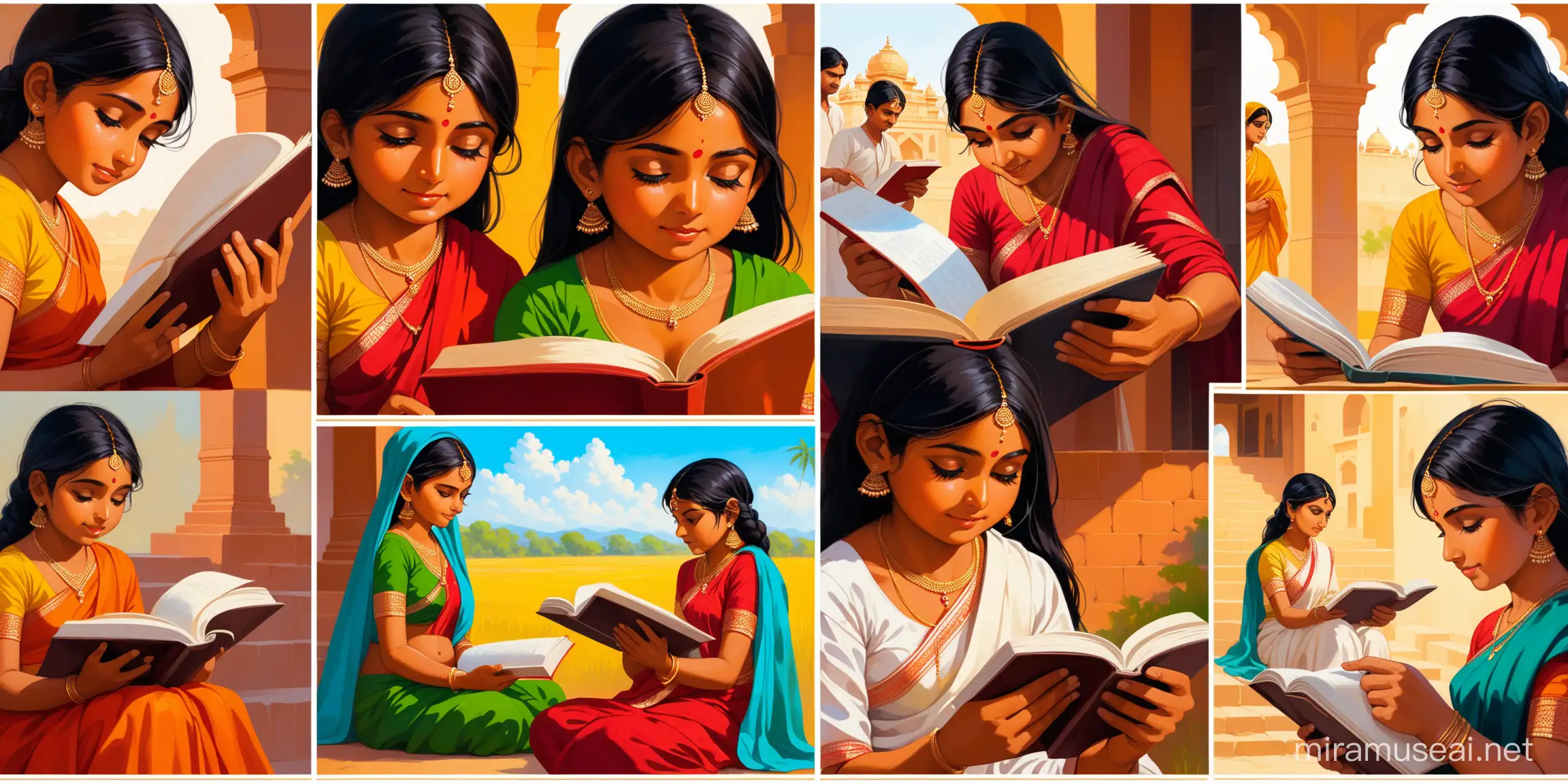 Colorful Oil Painting Collage of Indian People Reading Story Books