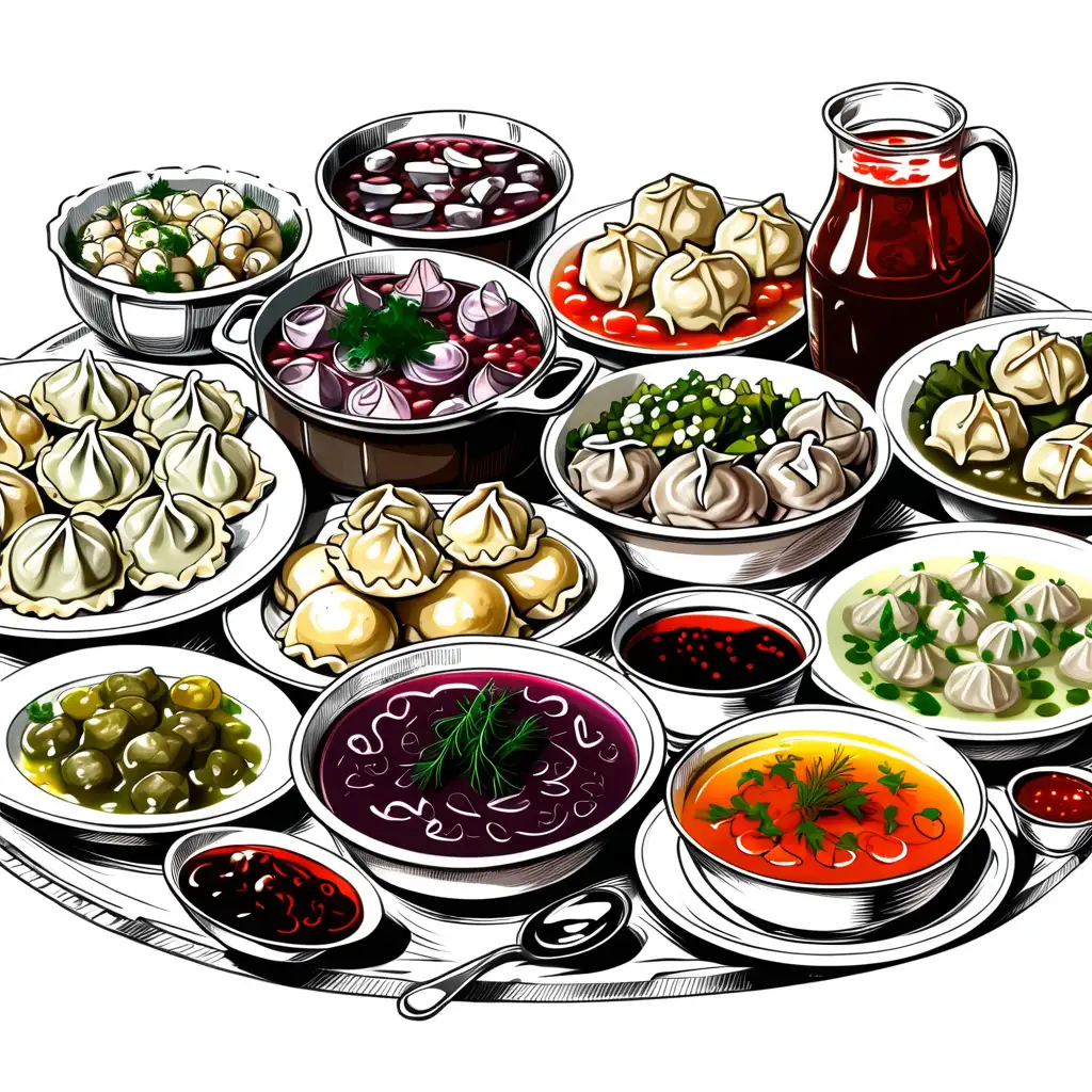 большой стол на белом фоне на котором стоит борщ, пельмени, селедка, квас, оливье, холодец, сало, пирожки и овощи в стиле скетч