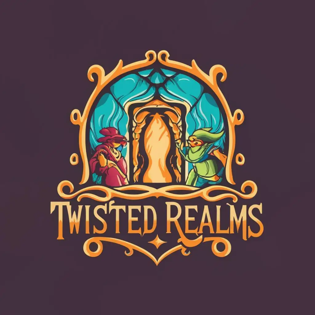 logo, portals doorway worlds wonder fantasy team-silhouette together cartoon color adventure vibrant colorful whimsy simple, with the text "Twisted Realms", typography, be used in Entertainment industry