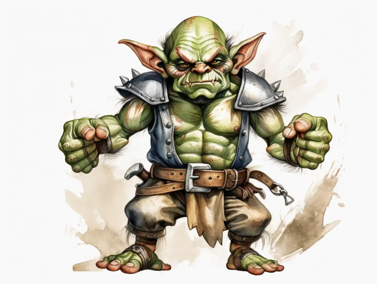 grungy short medieval fantasy goblin brawler with fists raised, no weapons, dark watercolor drawing, no background