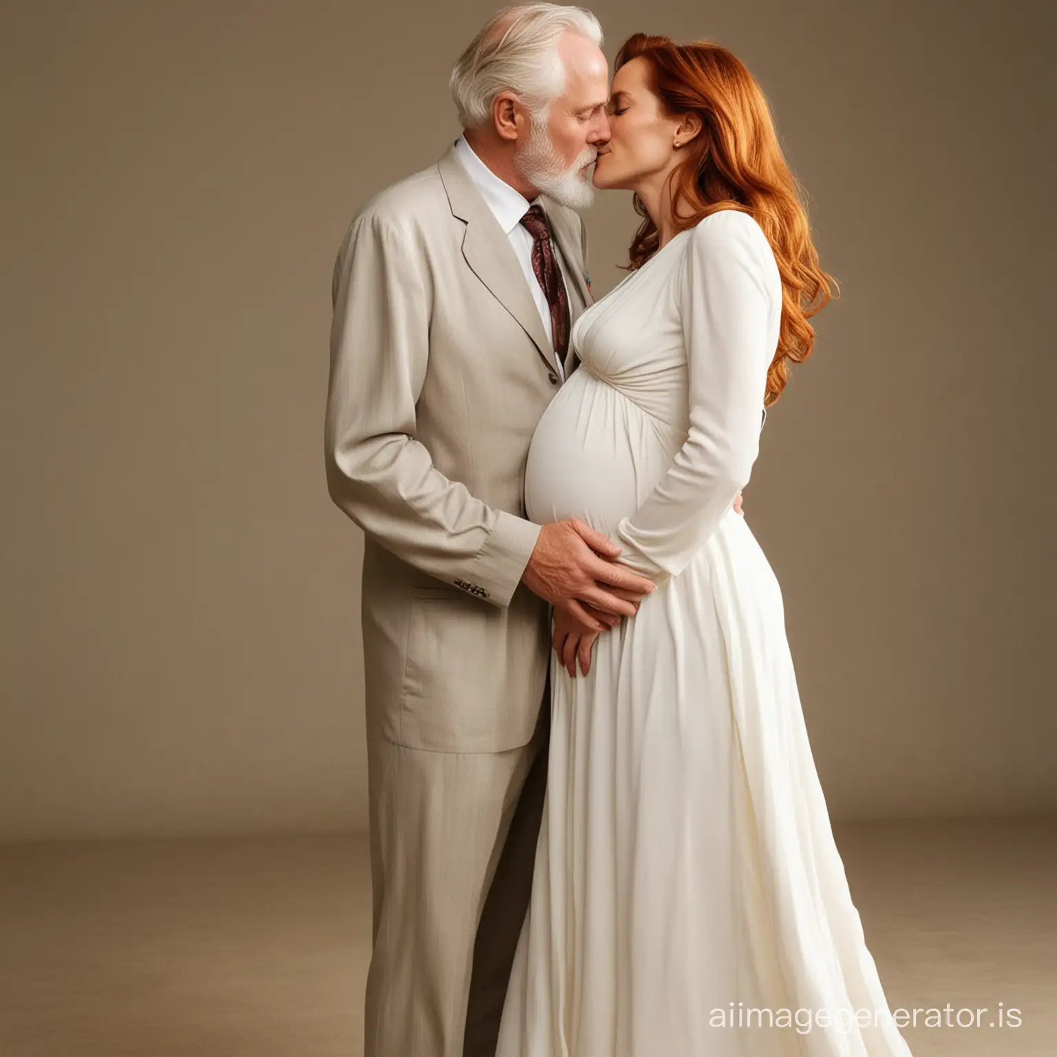 red haired Gillian Anderson wearing a floor-length loose billowing maternity maxi dress kissing an old man who seems to be her newlywed husband