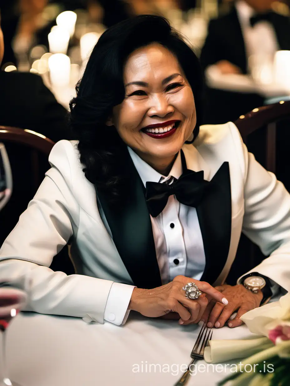 Elegant-Vietnamese-Woman-in-Black-Tuxedo-Smiling-at-Dinner-Table