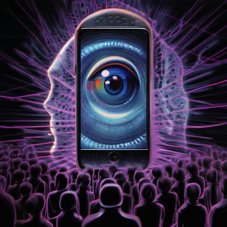 Alla människor är hjärntvättade och hypnotiserade, ett öga stirrar ut genom mobilen
