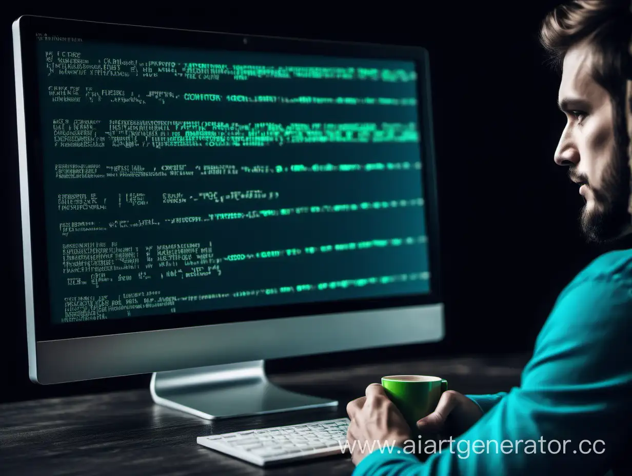 фрагмент экрана монитора, написанный код, сидит программист, чашка кофе, цвет синий зеленый черный  и любой другой цвет
