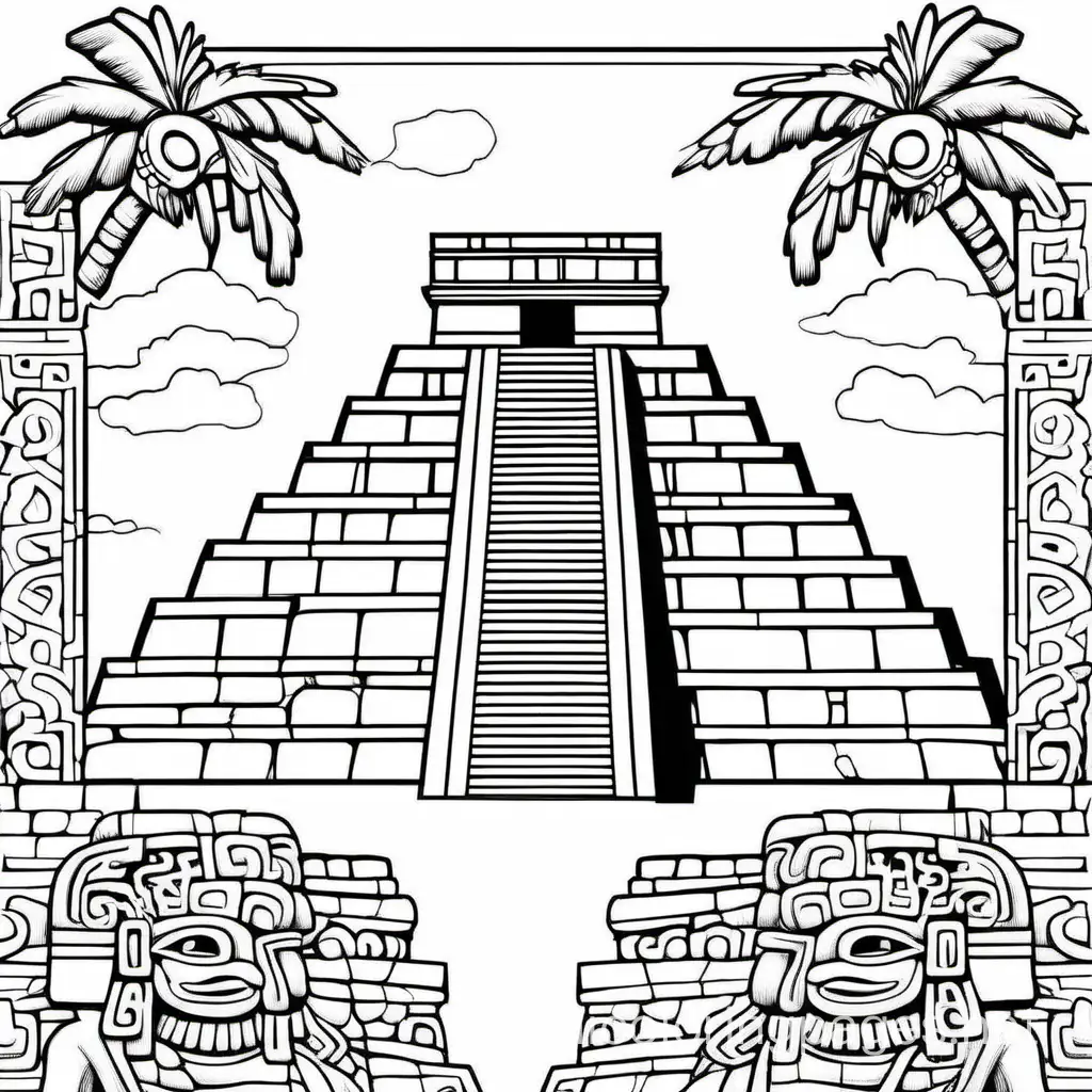 Chichen-Itza-Coloring-Page-Simple-Line-Art-on-White-Background