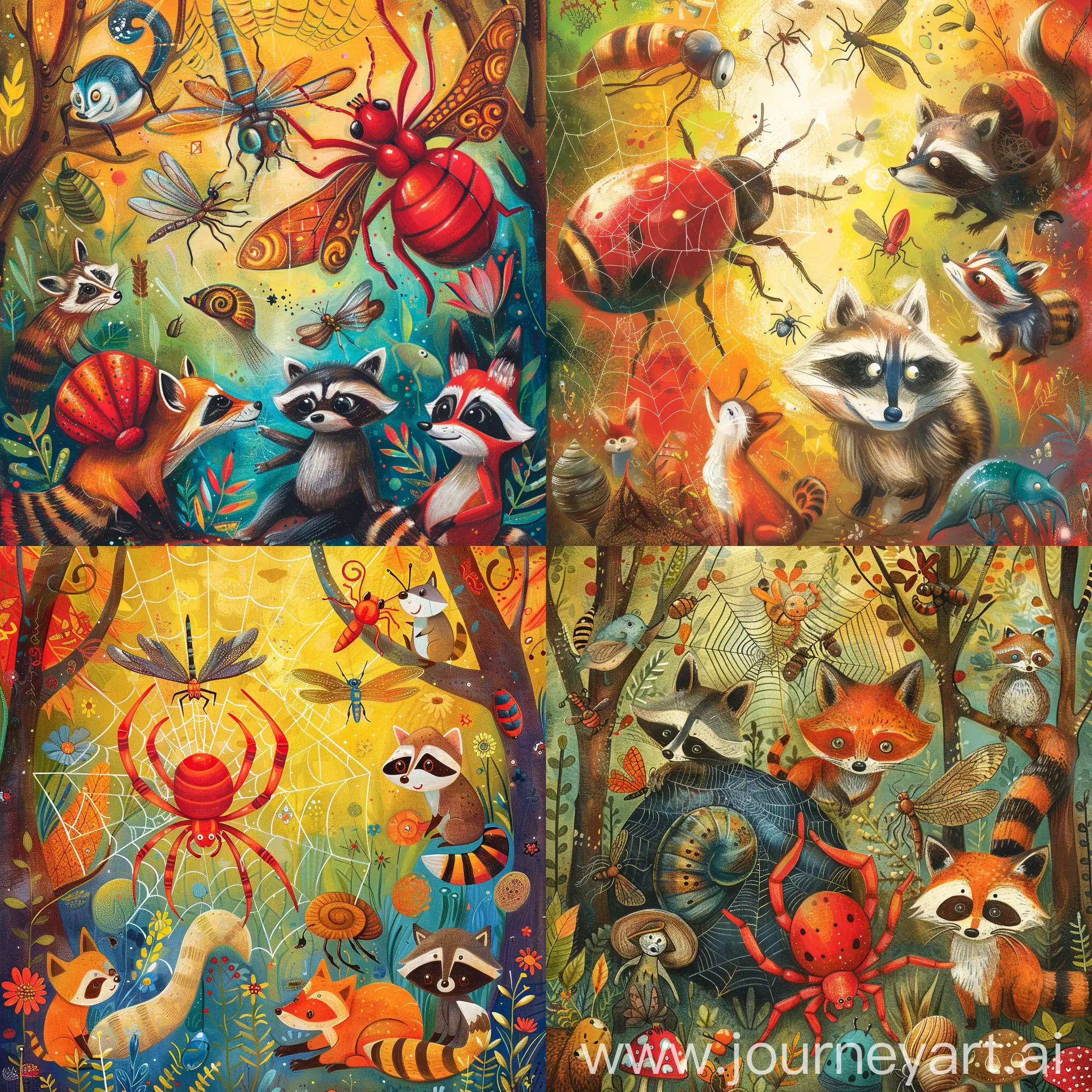 'Designed in a woodland animal fairy tale style ((red spider laying a web)), featuring enchanting, friendly scarabs, snails, raccoons, foxes, dragonflies, mythical creatures, and whimsical characters on a vibrant, colorful background to capture young readers' attention and spark their imaginations.