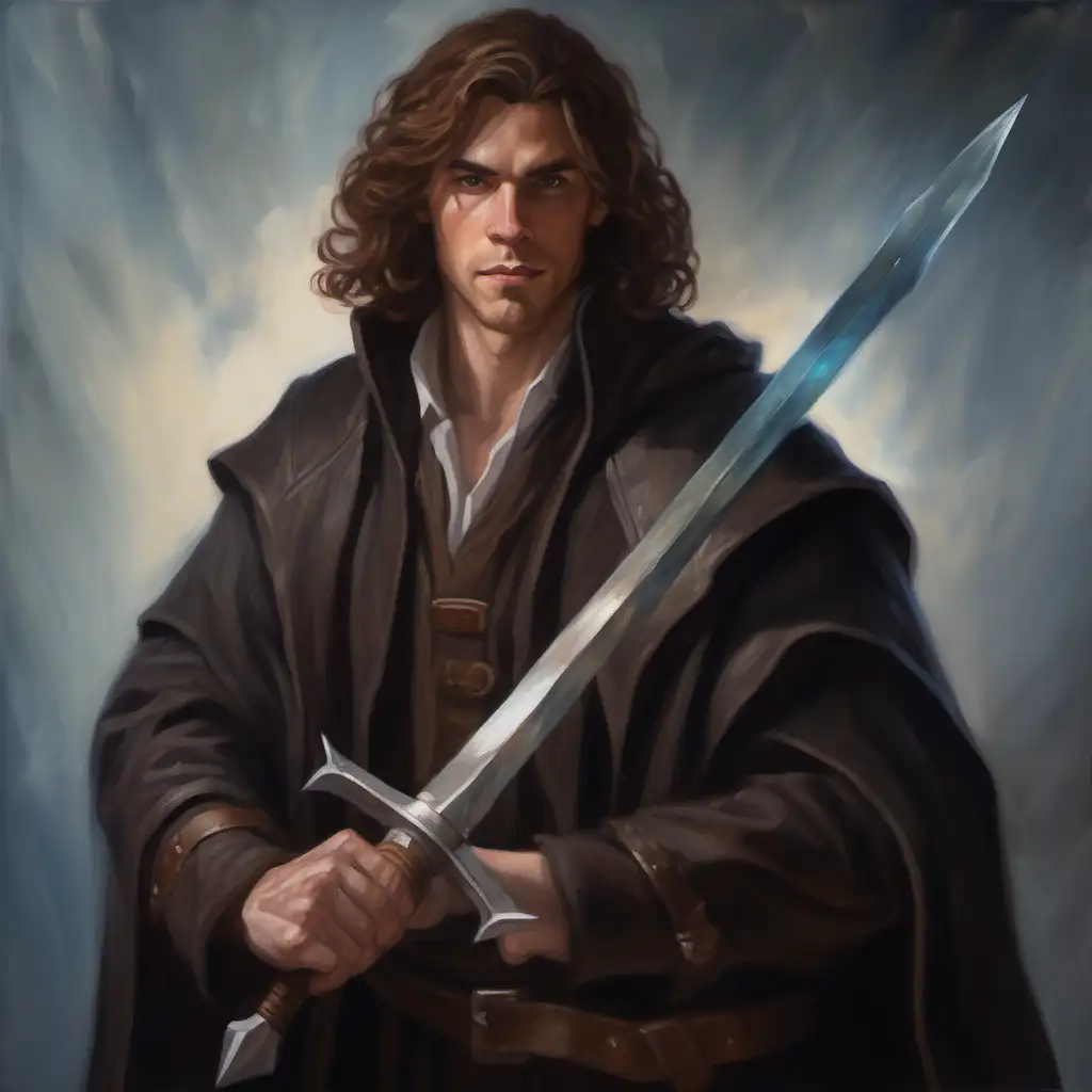 Mystical Portrait of a BrownHaired Wizard Brandishing a Longsword in Realistic DnD Style