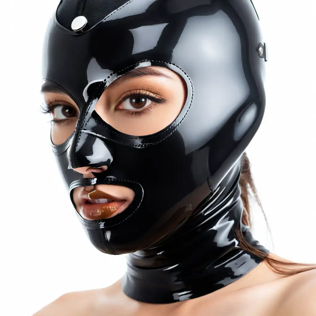 1girl, solo, mask, white_background, brown_eyes, latex, makeup, simple_background, realistic, portrait, bodysuit, lips, choker, bodage, latex mask 