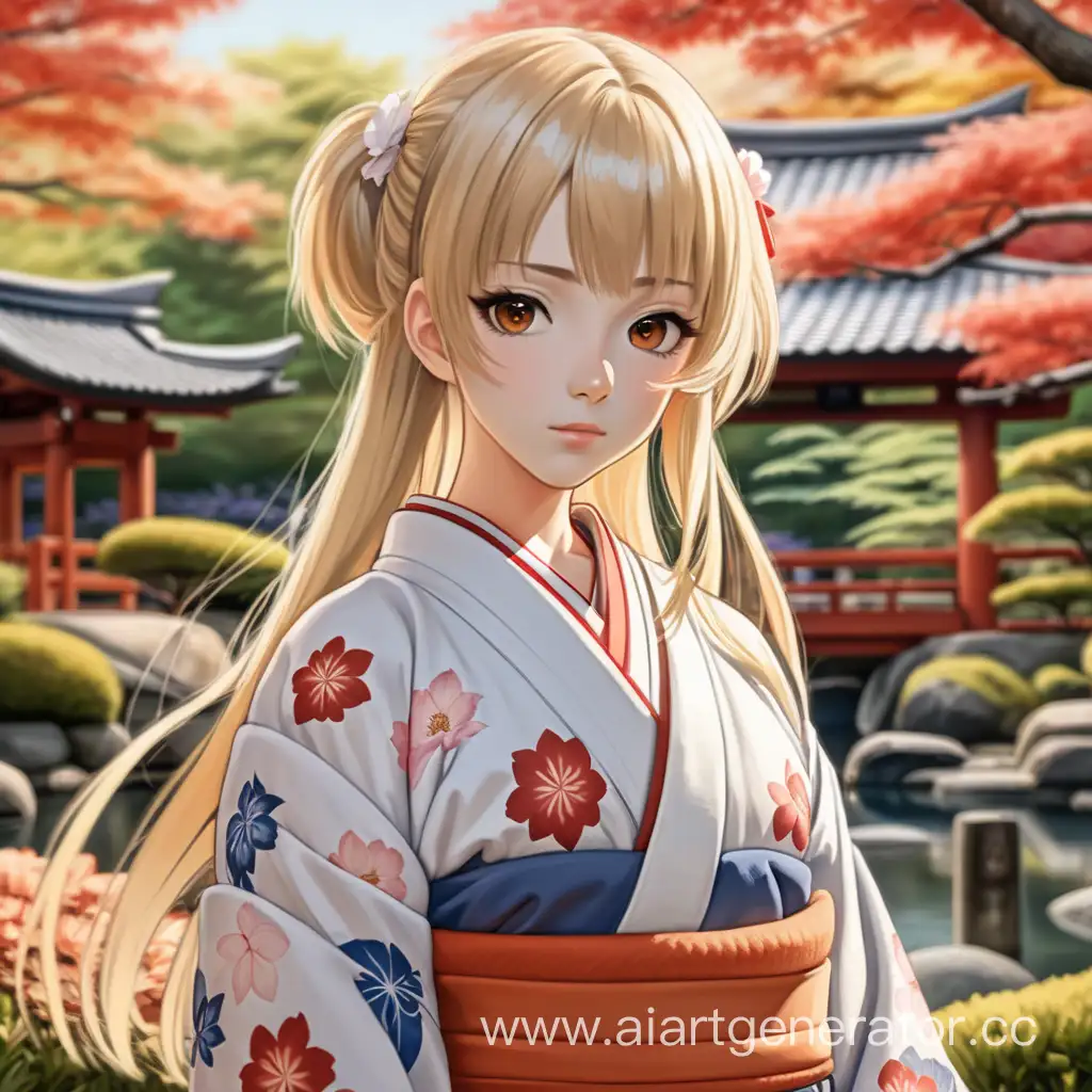 Аниме блондинка девочка с коричневыми глазами в кимоно стоит в красивом саду Японии с теплым выражением лица 