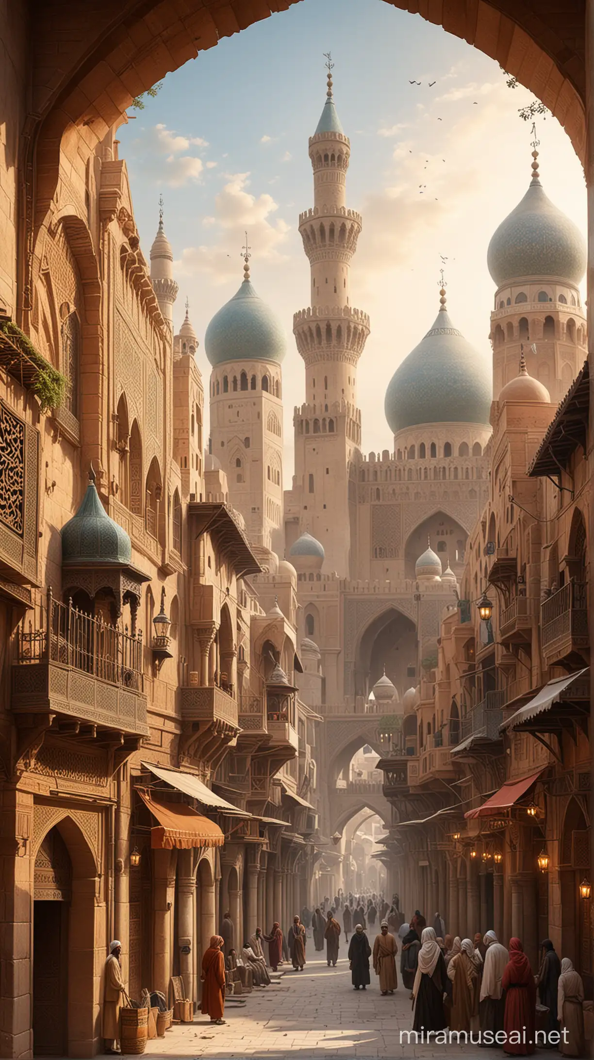 "Generate an illustration depicting an Islamic cityscape during the medieval period. Show towering minarets and domed mosques dominating the skyline, with intricate geometric patterns adorning their facades. Surround the city with fortified walls, punctuated by ornate gates adorned with Arabic calligraphy. Within the city, depict bustling markets filled with merchants selling spices, textiles, and exotic goods from distant lands. Show scholars engaged in deep discussions outside libraries and madrasas, while craftsmen ply their trades in workshops scattered throughout the streets. Ensure that the attire and architecture reflect the cultural and architectural motifs prevalent in medieval Islamic societies."
