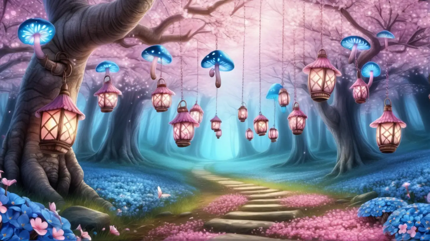 Magical Fairytale blue and pink flowers-covered mushrooms and fairytale-lanterns hanging on cherry blossom forest