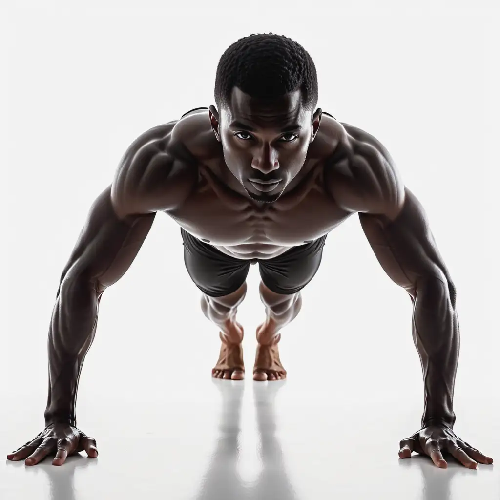 black solid silhouette of a man doing pushups looking straight forward on a solid white background, no shadows, 100 percent filled black silhouette
