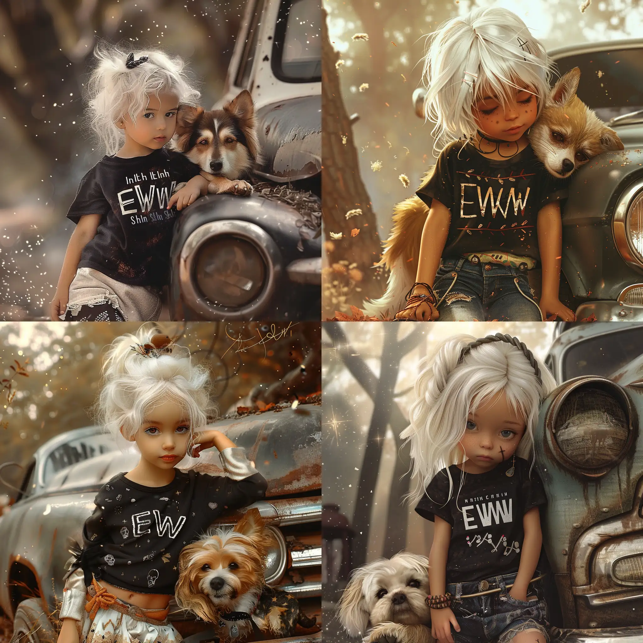 
a cute little girl with white hair and a black shirt with the insription "EWW" leans against an old car and cuddles with a dog,surreal background, in the style of Nathalie Shau, particles, ultra realistic, bohemian fashion, high detail, sharp focus, 