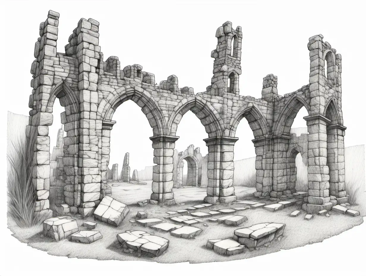 a small sketch of old abandoned medieval stone ruins araising from surface, just a pencil line, thin lines, few details, no background, no shadows, no greys