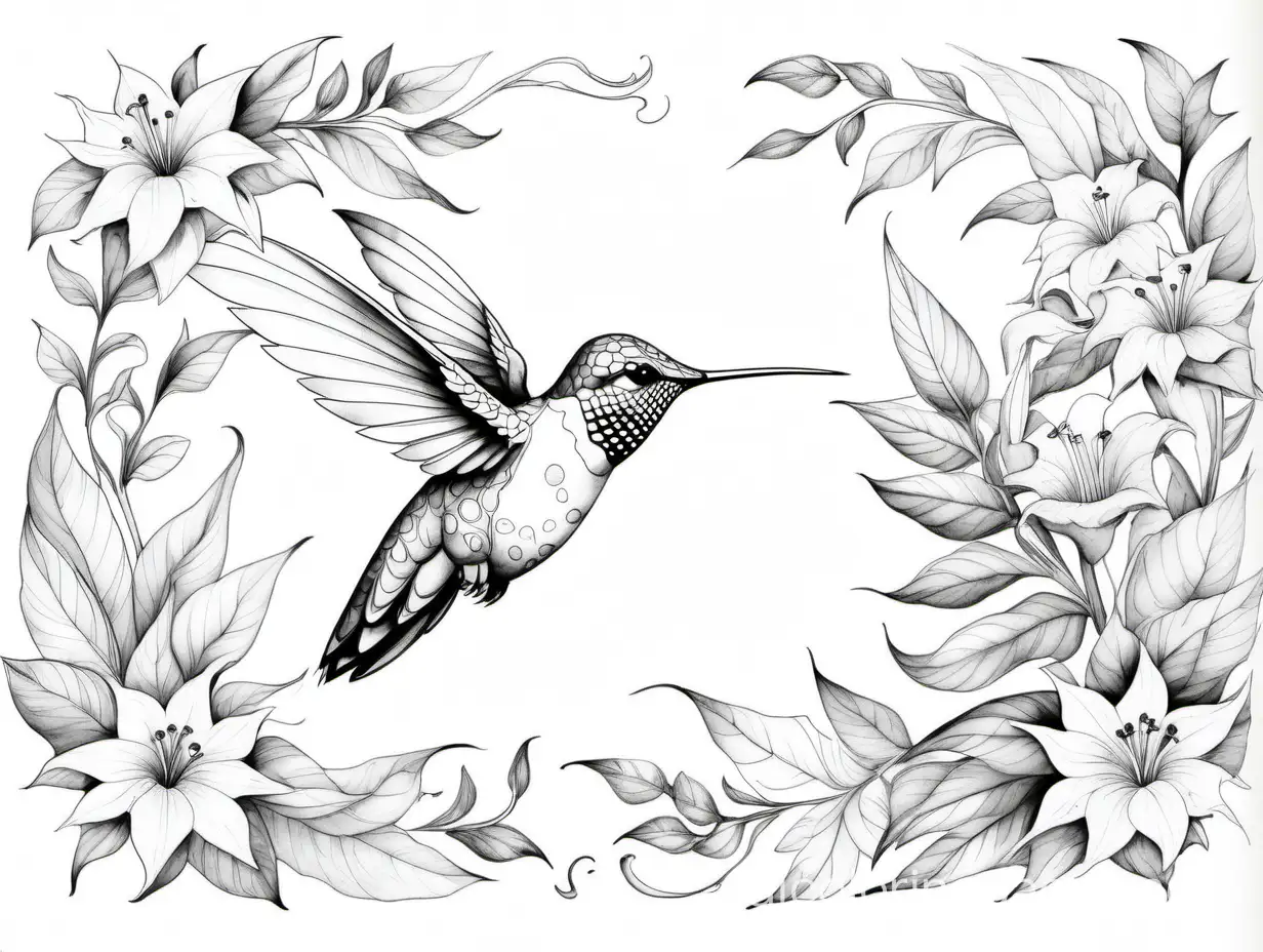 parchment, free watercolor style, hummingbird, highly detailed, intricate, Keng Lye, Aquarelle painting, Coloring Page, black and white, line art, white background, Simplicity, Ample White Space. The background of the coloring page is plain white to make it easy for young children to color within the lines. The outlines of all the subjects are easy to distinguish, making it simple for kids to color without too much difficulty