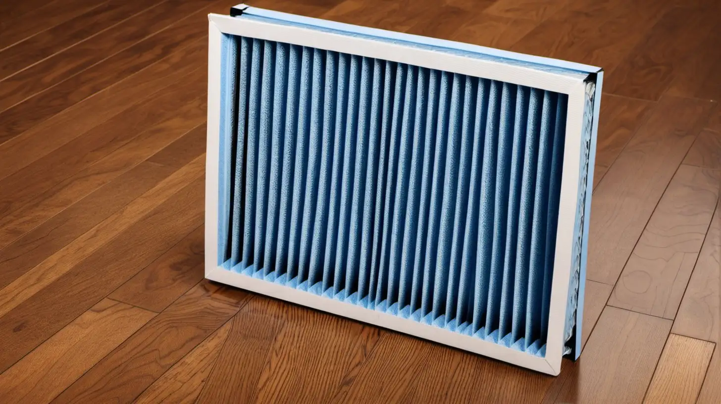 Dusty Blue Air Filter on Wood Floor Indoor Air Quality Concept