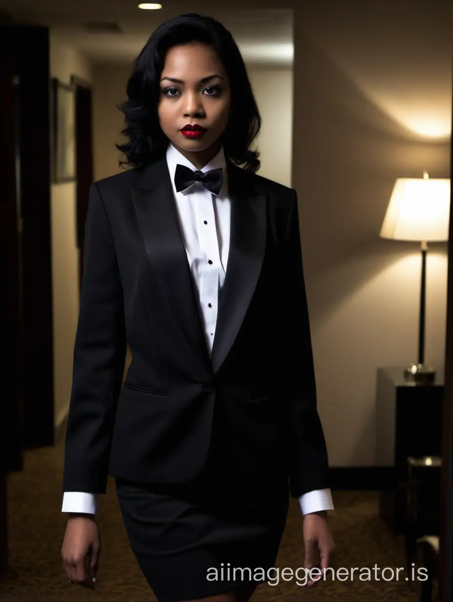 In a darkened hotel room. A pretty Indonesian woman with dark skin, shoulder length black hair, and lipstick, is walking straight forward, looking at the viewer. She is wearing a tuxedo with an open black jacket. Her shirt is white with double French cuffs and a wing collar. Her bowtie is black. Her (cufflinks) are large and black. She looks stern. Her jacket is open.
