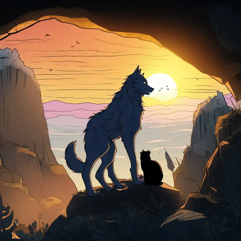 возле пещеры волшебный парень  , рядом кот и огромный волк. Восход солнца 