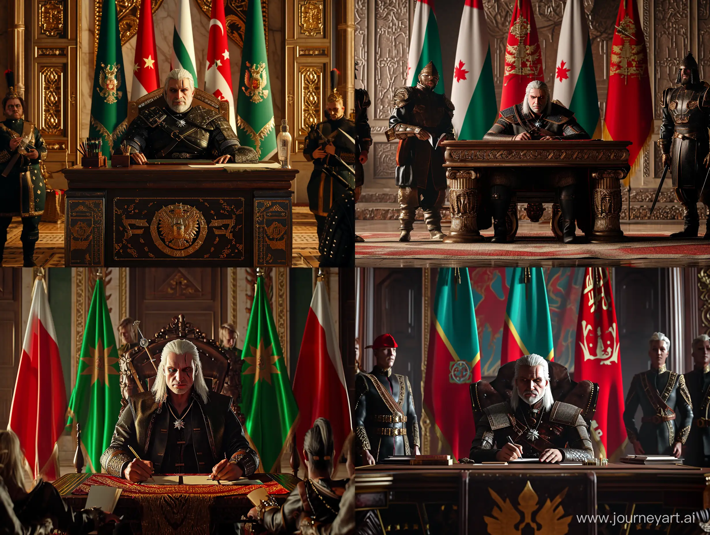 Geralt of Rivia has become the president of Turkmenistan and is sitting at the presidential desk, with the flags of Turkmenistan behind him, his subordinates standing and writing down his orders,, shot from the movie, cinematic, photorealistic, ultra-detailed, 4k