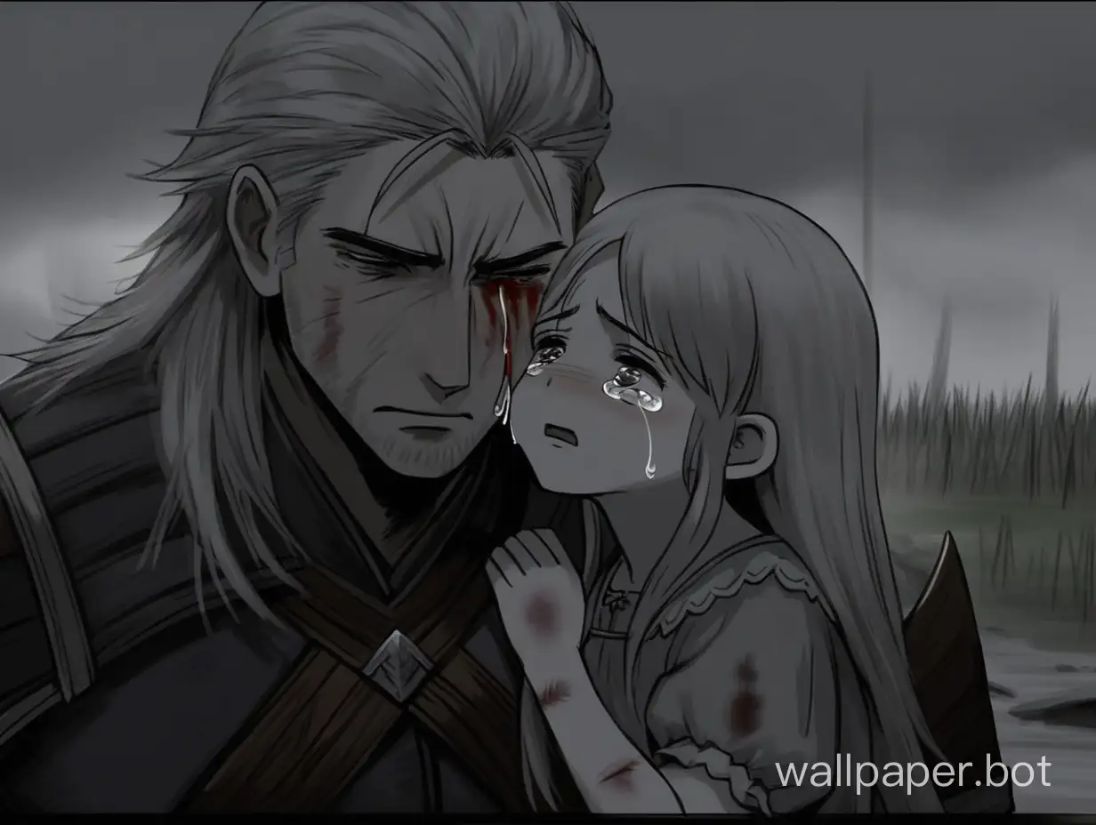 Geralt dies from wounds bleeding tears running down his cheek, nearby his wife cries with their daughter, a gloomy atmosphere.