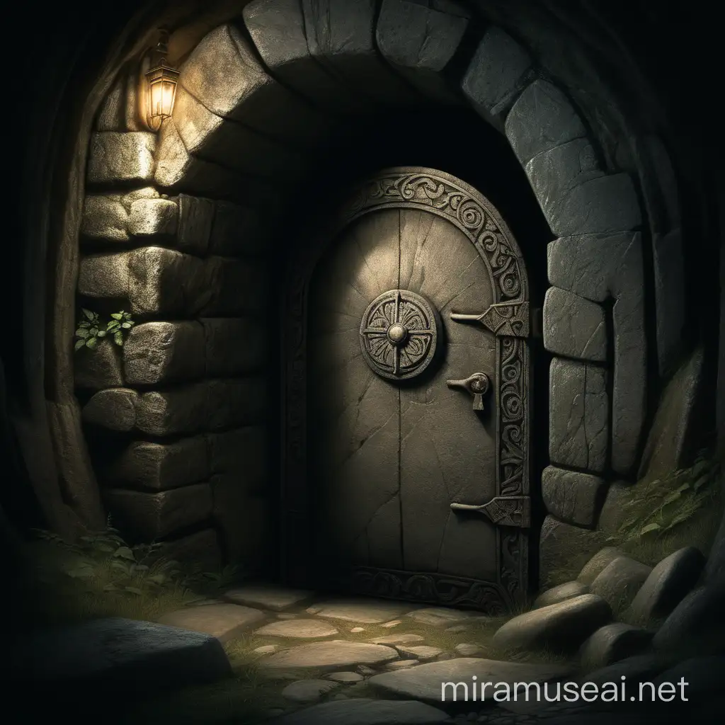 Dark, scary, underground tunnels, no tiles or carved stone, barely any light, shady guild secret round stone door hidden with one ancient magical carving.