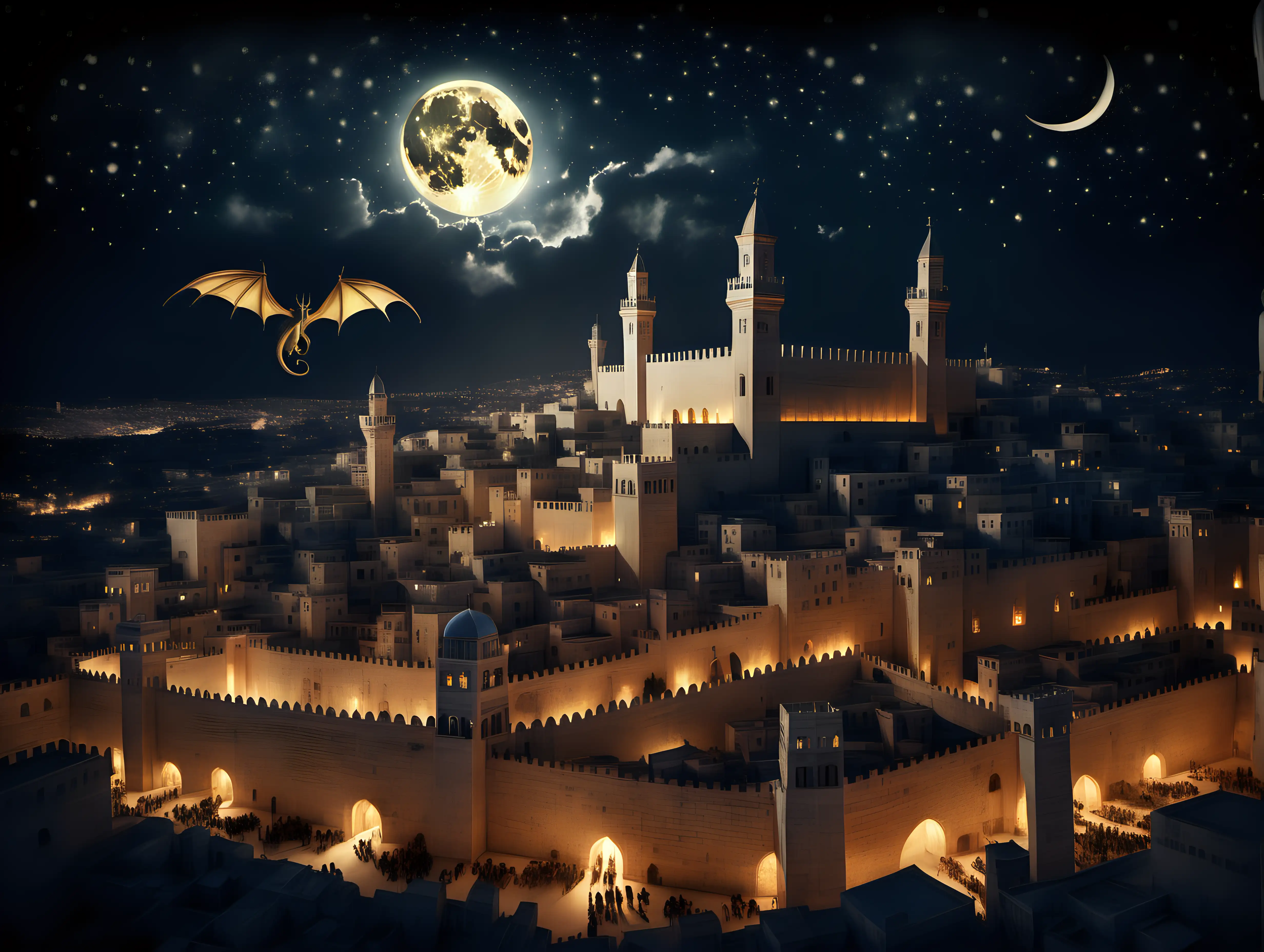 Age Of The Dragons in ancient Jerusalem at night with stars and moon