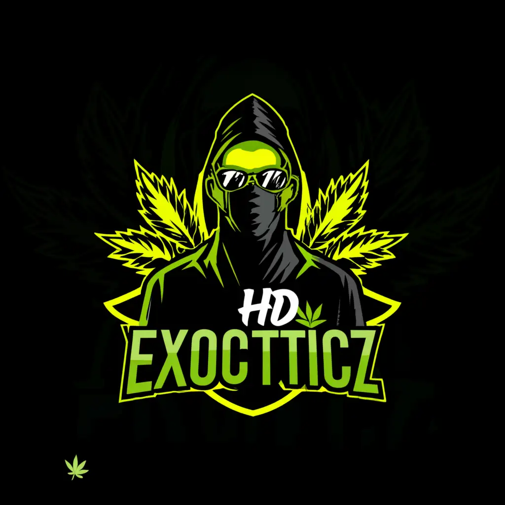 a logo design,with the text "HD EXOCTICZ", main symbol:MAN WITH BLACK MASK AND BLACK GLASSES WITHAT WITH WEED THEMED ABSTRACT BACKGROUND USING MOSTLY GREEN BLACK AND YELLOW AND COLOURED PACKS OF SWEETS,Moderate,clear background