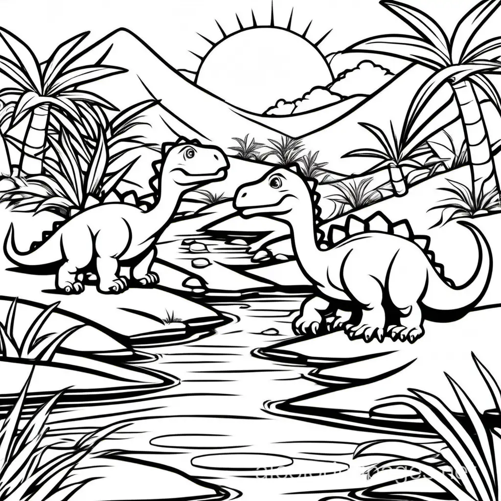 Baby-Dinosaurs-Drinking-Water-by-the-Creek-Coloring-Page