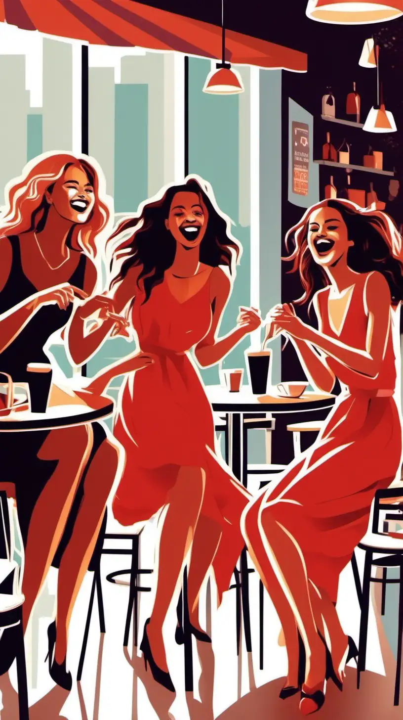 سه دختر زیبا در حال خندیدن و شادی در یک کافه نشینه اند.
پشت سرشان یک زن با لباس قرمز سالسا در حال رقصیدن است.
