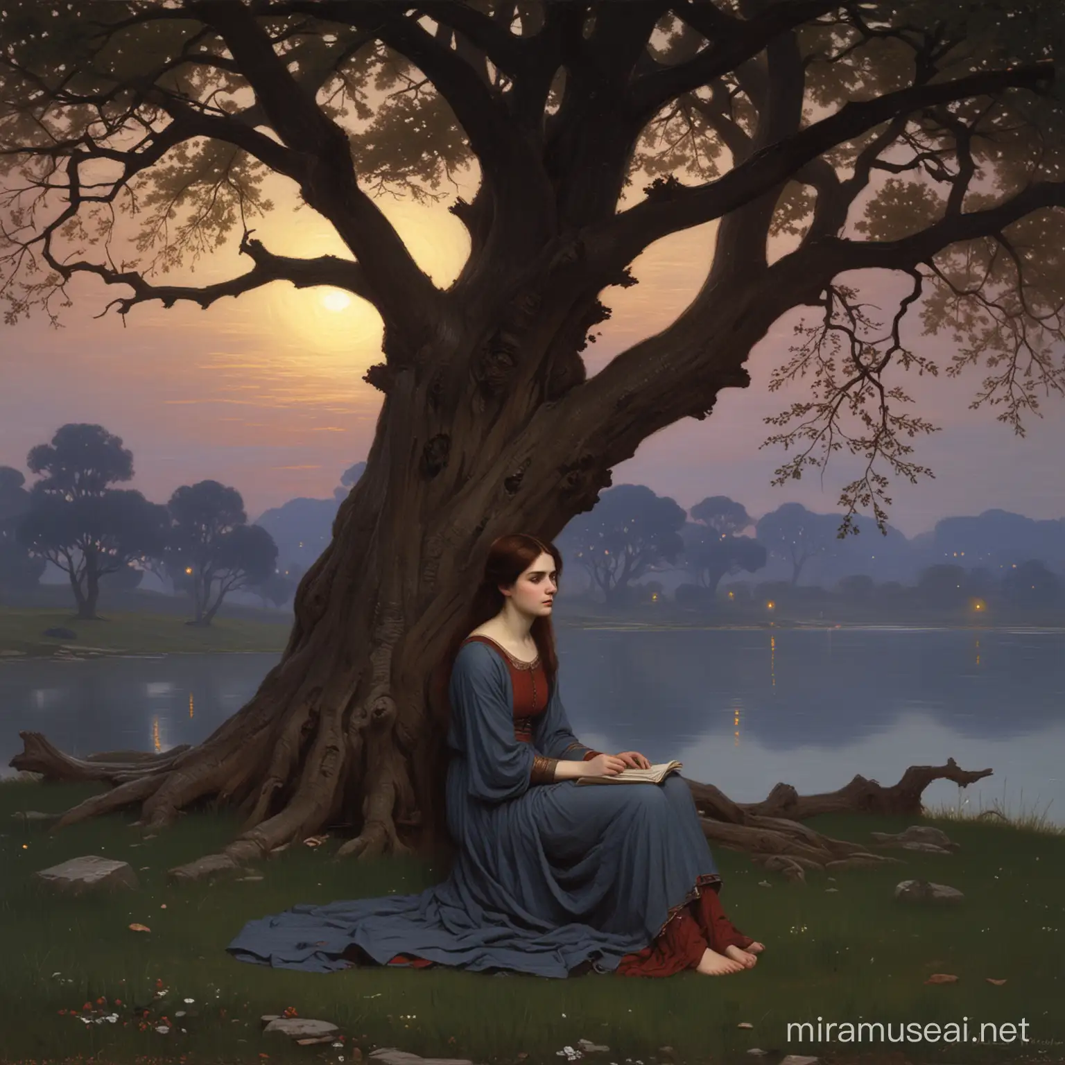 muse sitting under a oak tree at twilight..{John William Waterhouse}