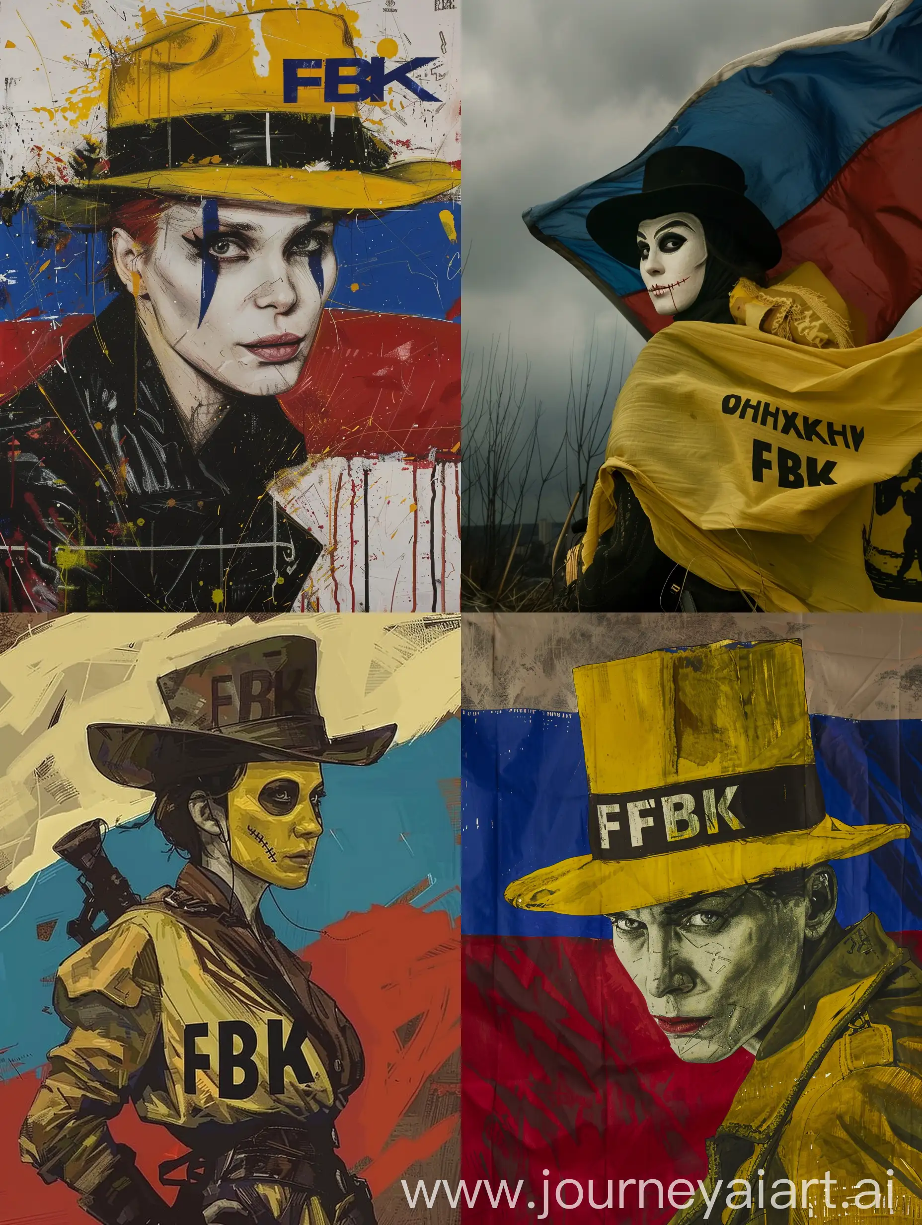 Maria Pevchikh in the image of Rorschack from the film Watchmen under the flag of the Russian opposition with the inscription FBK