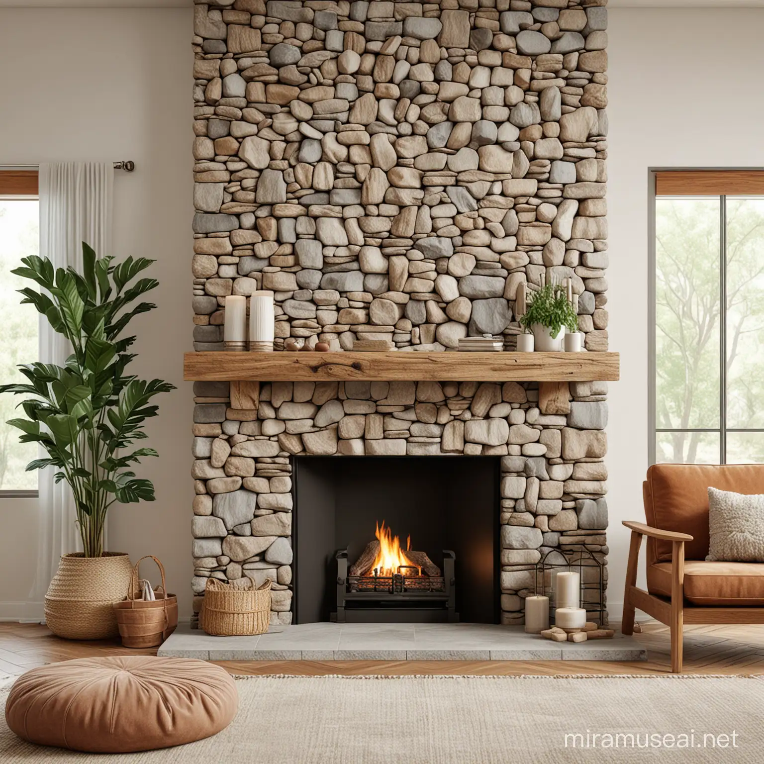 Boho living room stone fireplace mockup