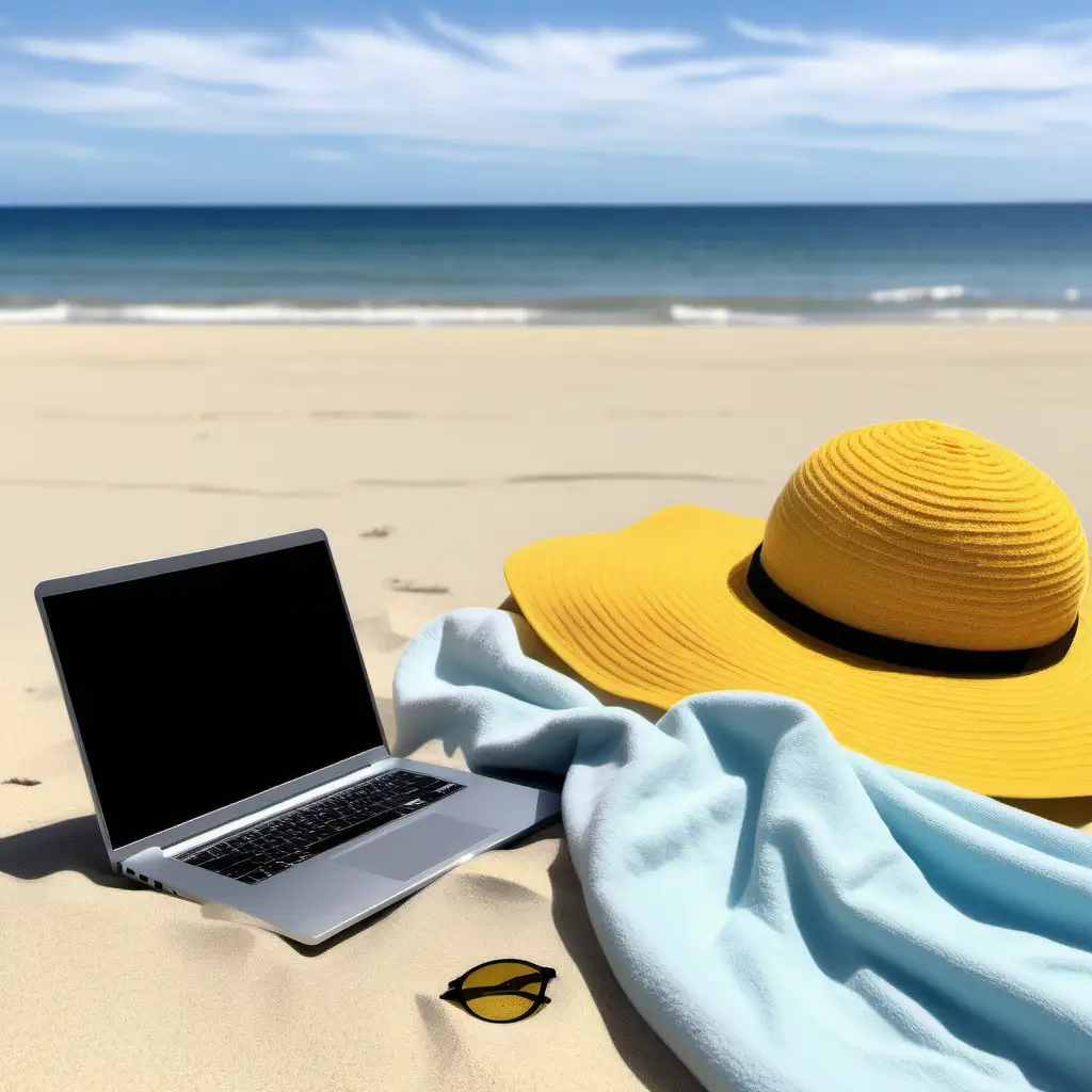Tranquil Beach Retreat Relaxation with Laptop Blanket and Sunshine