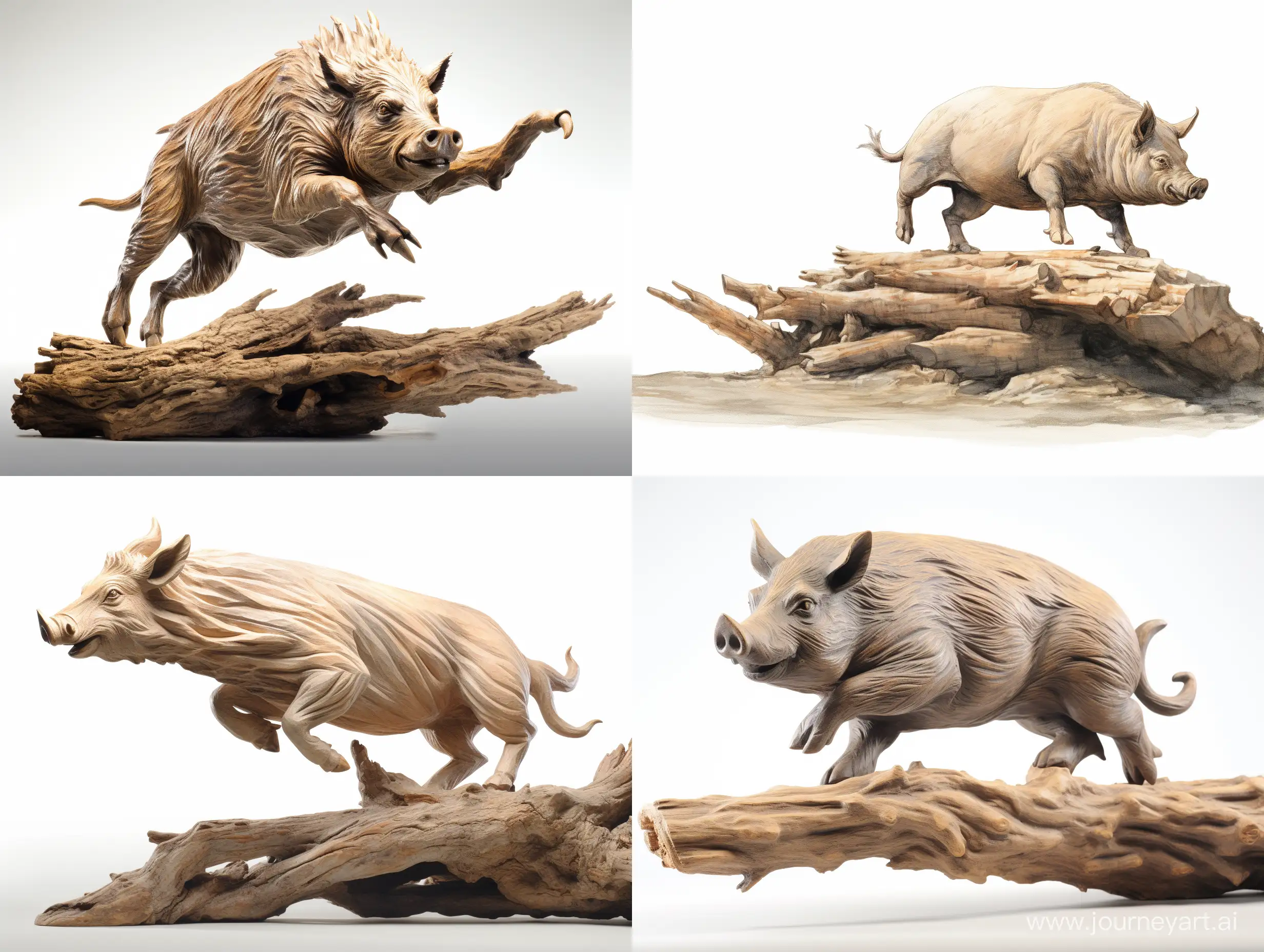 Professional sketch for wooden sculpture, a full-length wild boar leap over a log in profile, professional dynamic character, wood carving, ready for battle 3d, white background, 8k Render, ultra realistic
