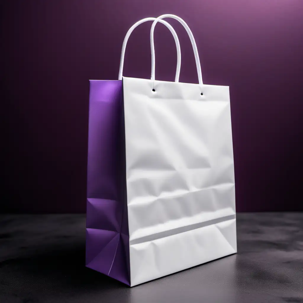 mock-up image featuring a white gift-bag. Plum-purple hues - urban background. 