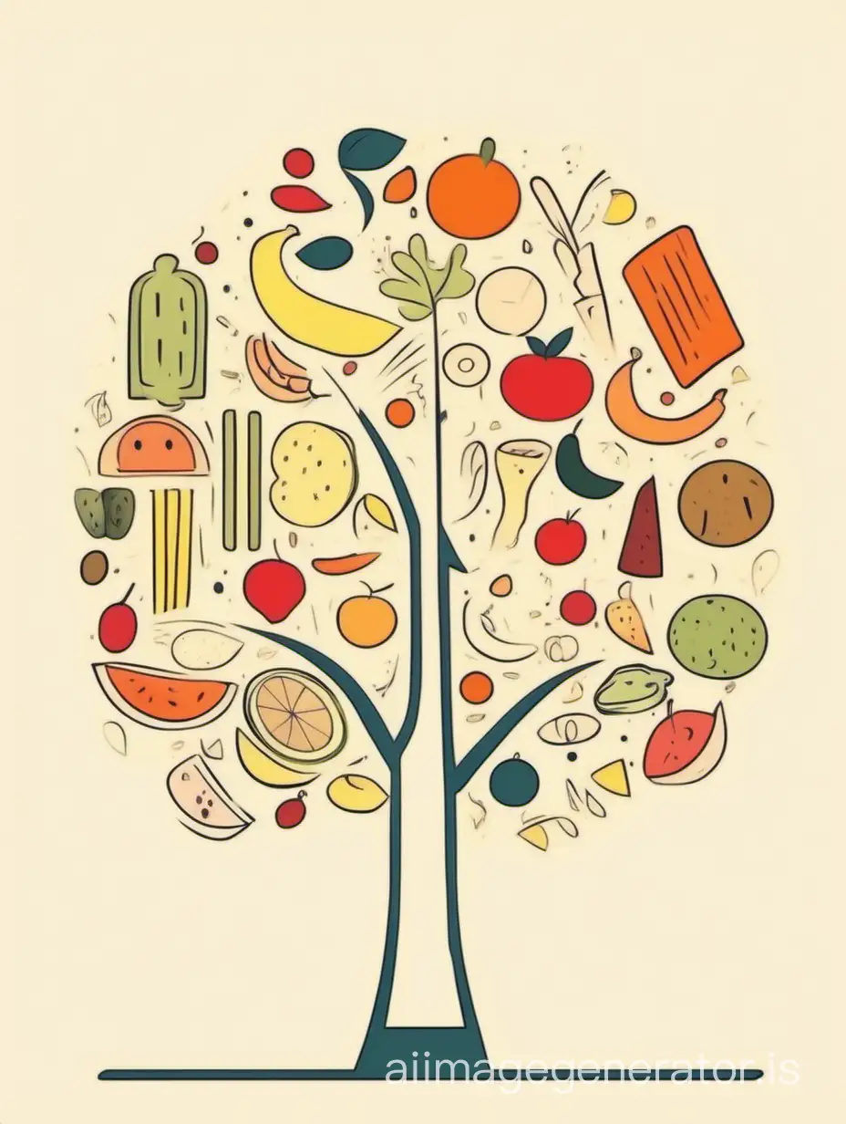 cute style, line art. The shape of a tree composed of food. Multicolored drawing minimalism suprematism naive
