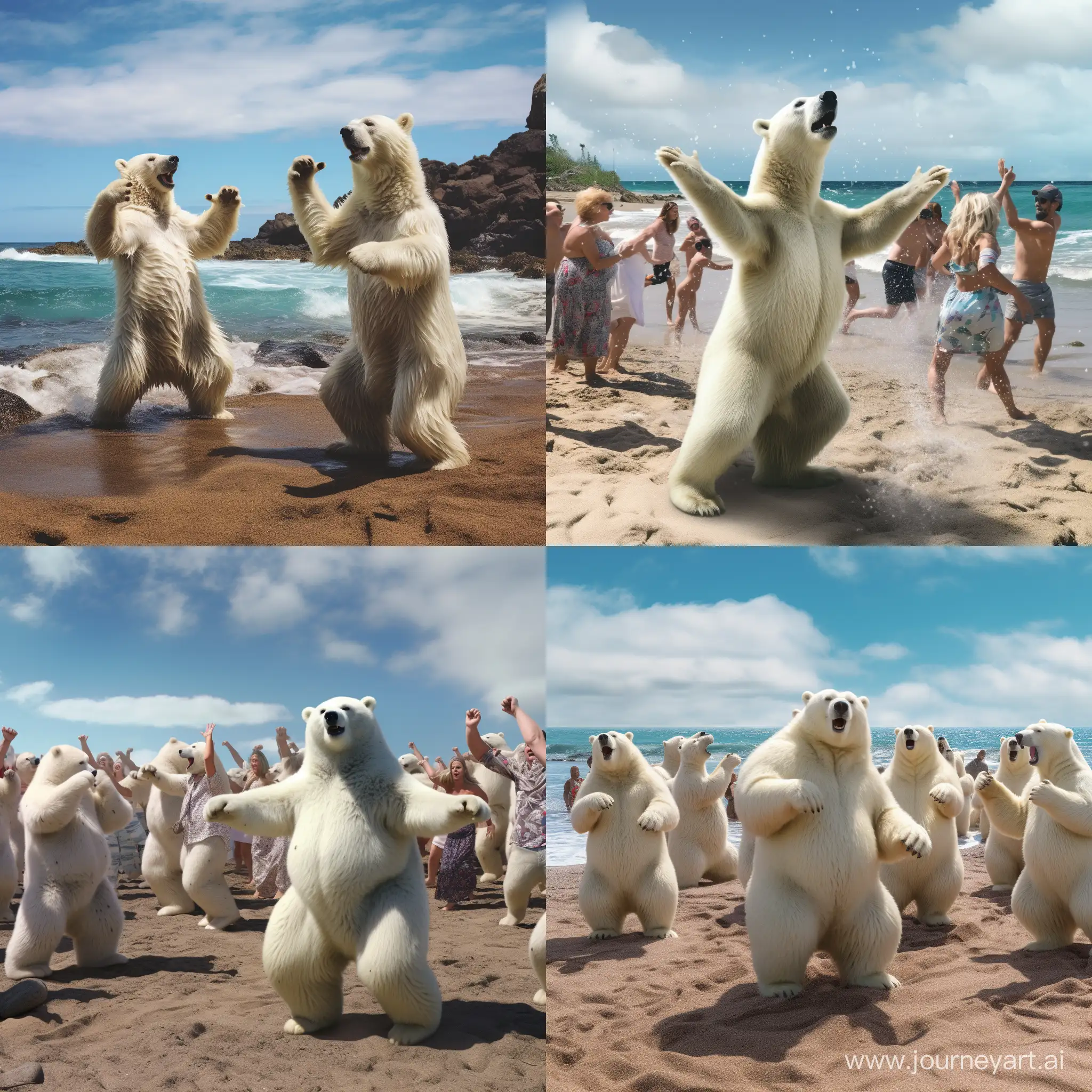 some polar bears dancing on a beach in hawaii while some people look at them and applaud them