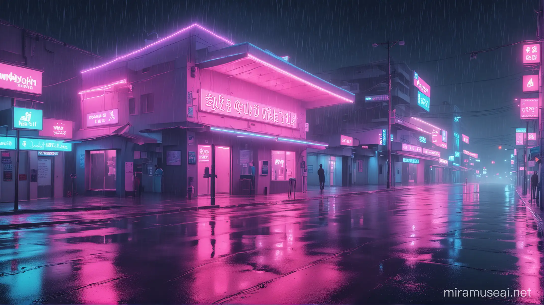 Vaporwave style. Neon city at night under the rain. Pink and blue colors.