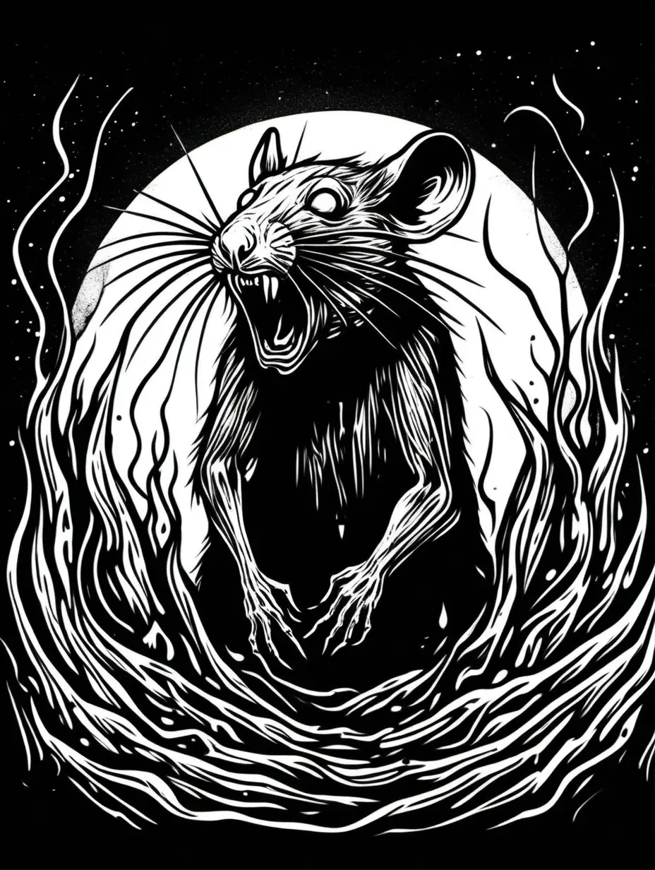 a scary evil, rat with blood pouring out its mouth. It is staring straight up into the night sky, screaming. Horror , gory. White line drawing on a black background . In the style of a detailed drawing