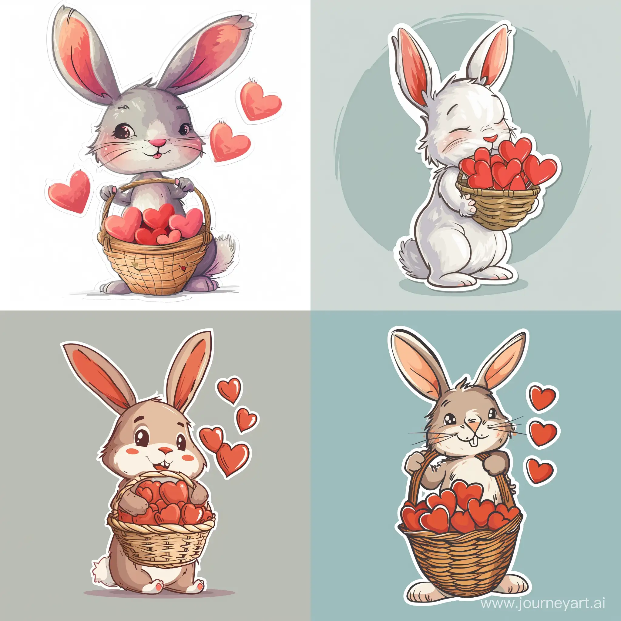 Cute bunny holds a basket full of hearts, cartoon sticker, in vector style
