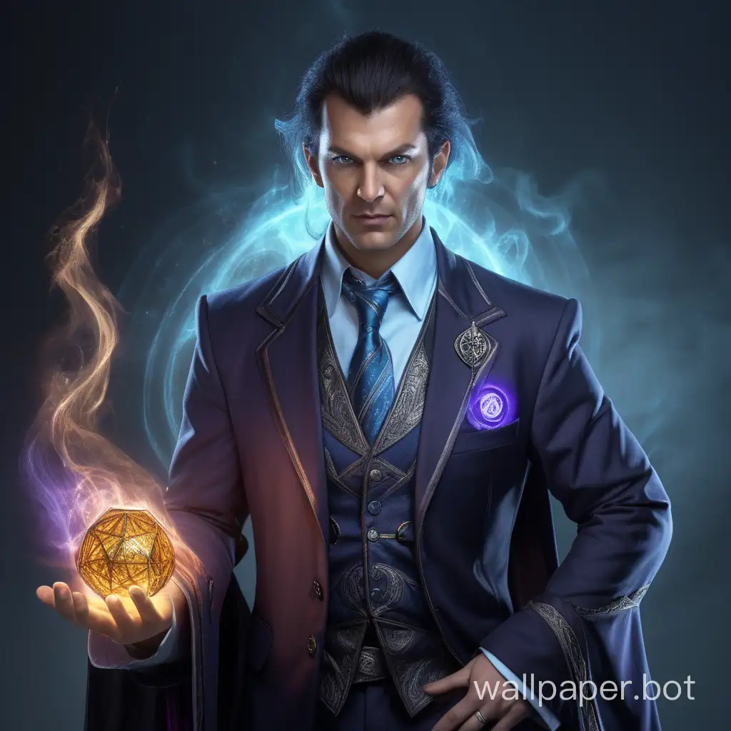 warlock in the world of wizards, mage in a business suit, 35 years old, without a headgear, light atmosphere
