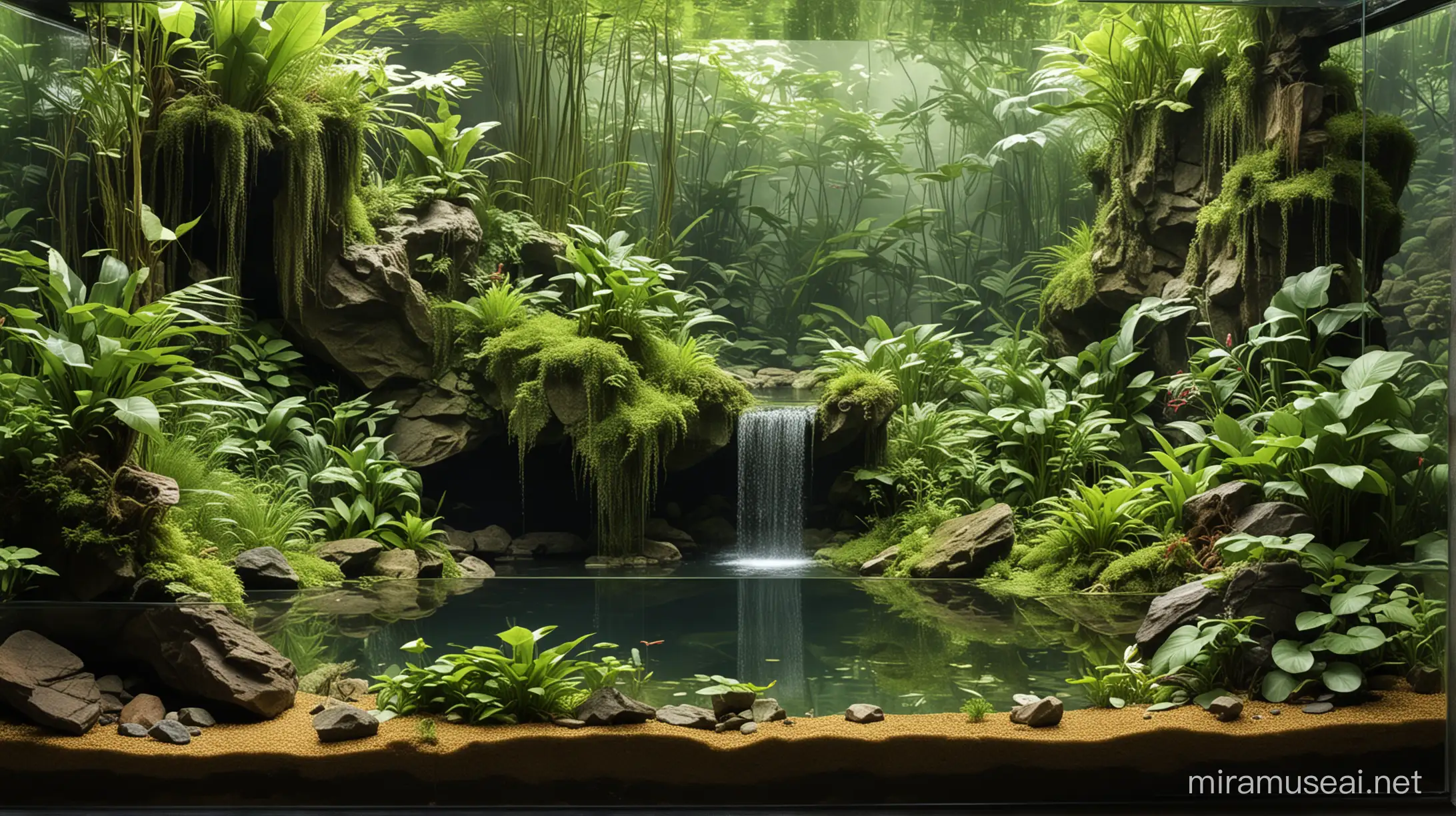 A tropical snake paludarium with a singular main cliff waterfall and a narrow lake-side on the front-side of the paludarium and a large flat land area for the snake to rest and a grotto for the snake to hide.