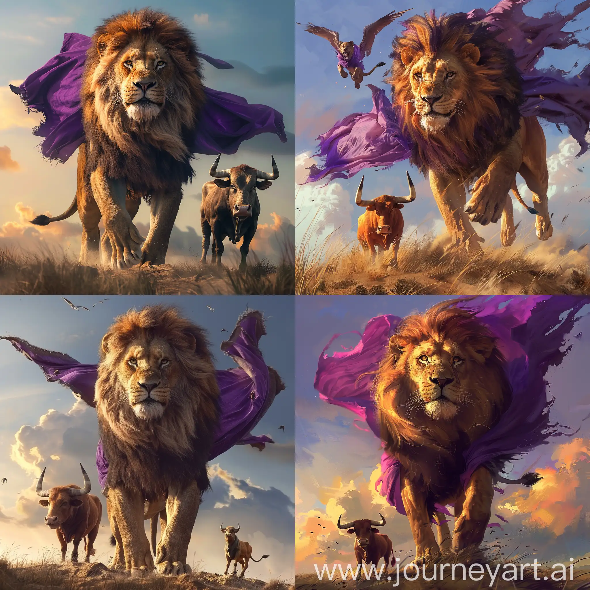 big male lion with a purple cloak that float in in the air, a smaller bull looking at him front of him